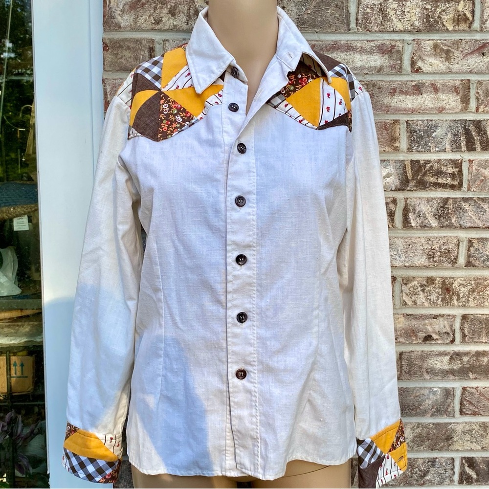 Vintage 70s Cream Patchwork Cowboy Boho Hipster Button Down Shirt
